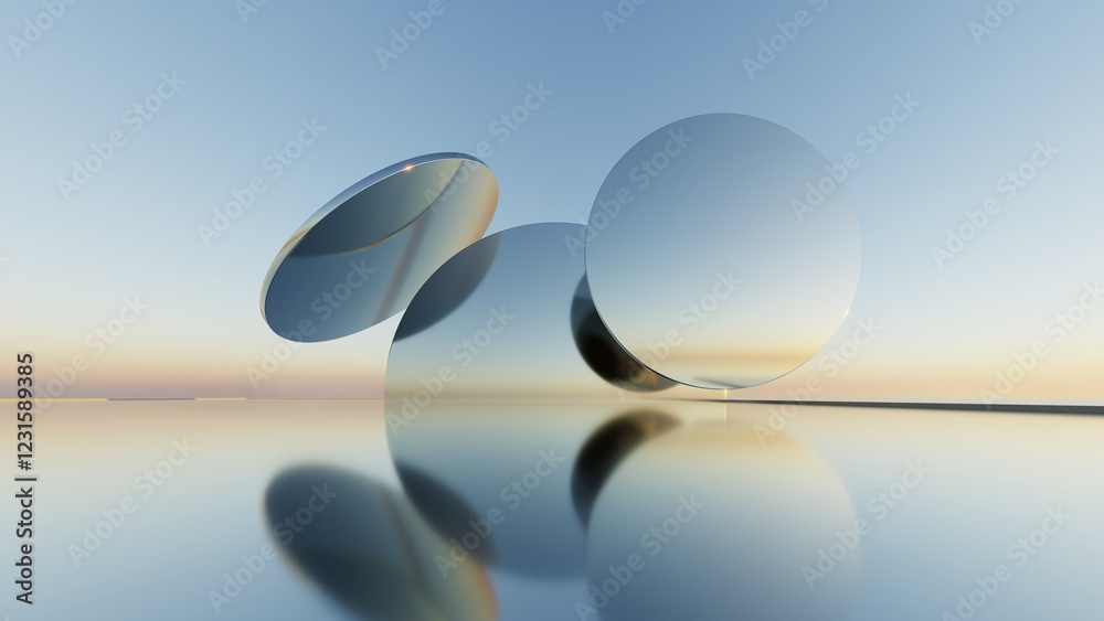 Poster 3d illustration of abstract minimal architecture background, geometric architectural with chrome or metallic arch design