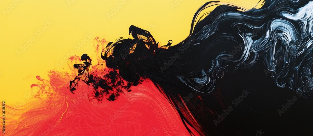 Poster dynamic black and yellow abstract swirl with vibrant red accents creating a striking visual contrast