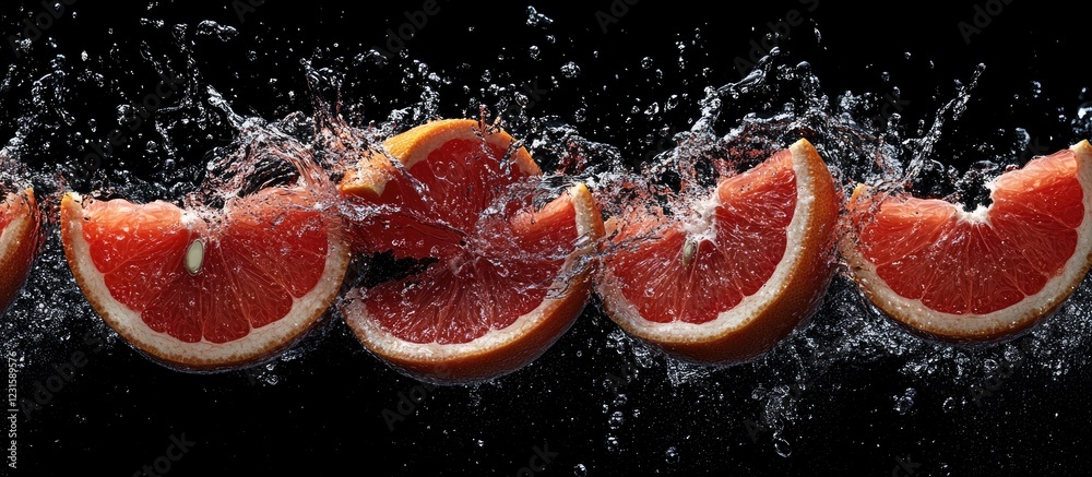 Poster Fresh grapefruit slices splashing in water against a black background with vibrant red and orange colors creating a dynamic visual contrast.