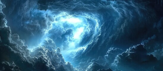 Dramatic swirling storm clouds in deep blue and gray shades create a stunning contrast with the bright illuminated center against a dark sky.