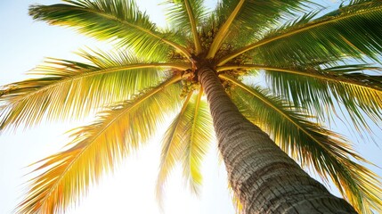 Fototapeta premium Tropical palm tree, sunny sky, beach background, vacation imagery