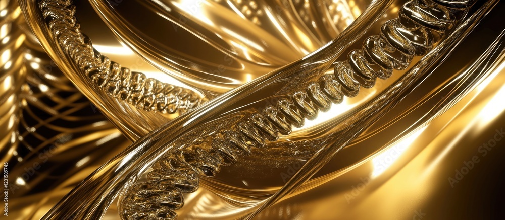 Leinwandbilder Golden abstract design featuring intricate swirling patterns and smooth metallic textures with a warm yellow hue, conveying elegance and sophistication.