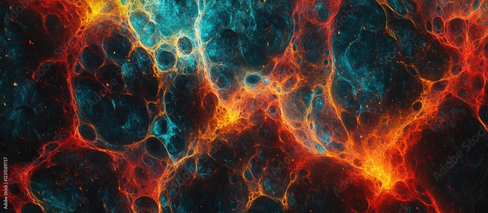 Poster Vibrant abstract holographic background showcasing a dynamic texture with swirling hues of blue orange and black perfect for fluid themed creative projects