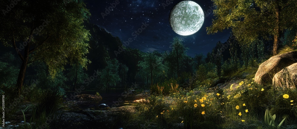 Poster moonlit forest scene with bright moon illuminating lush green trees and sparkling stream, casting se