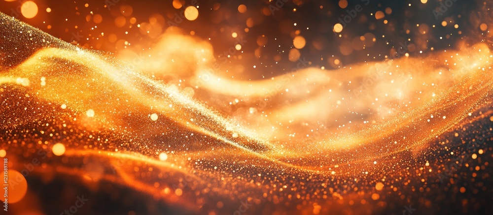 Fototapete Vibrant orange and gold particles swirl seamlessly in dynamic motion against a dark background, creating a stunning abstract visual experience.
