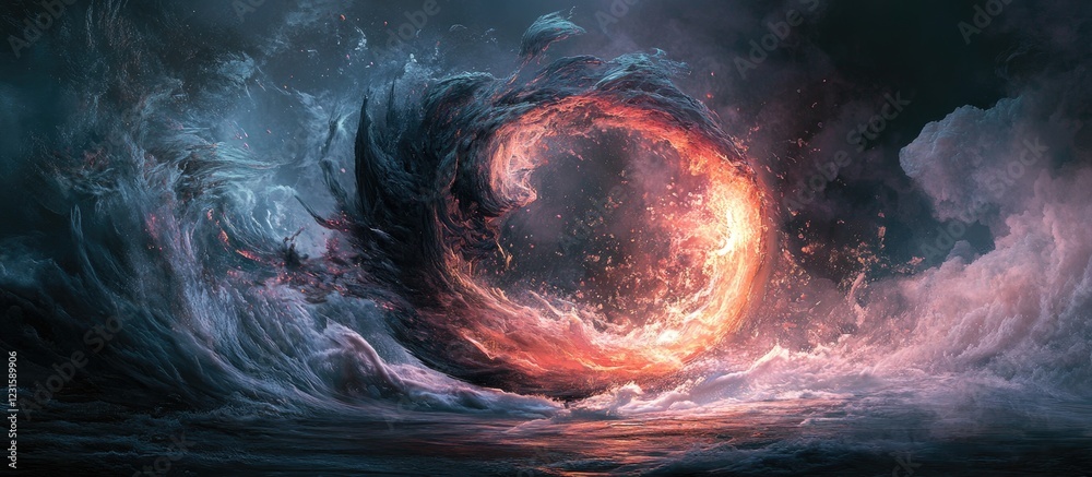 Poster Swirling dark waves of deep blue and black encircle a glowing orange-red portal in a mystical ocean setting symbolizing transformation and knowledge.