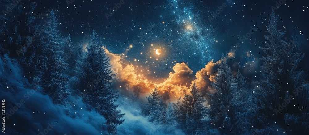 Aufkleber enchanting winter night sky with illuminated clouds and fir trees coated in snow under a starry moon