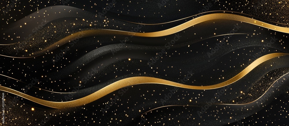 Aufkleber Abstract black background with flowing golden waves and golden sparkles creating a luxurious and elegant design suitable for upscale presentations.