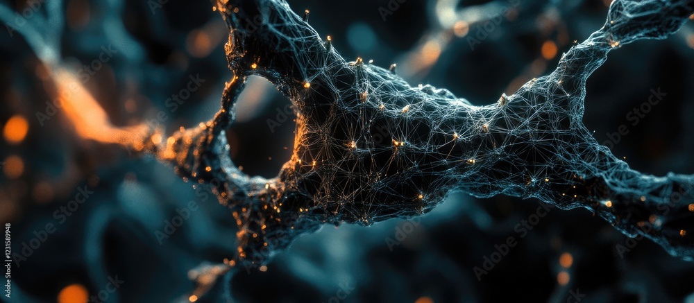 Fototapete Abstract visualization of a blockchain network in dark hues with intricate glowing connections and nodes prominently featured in the center.