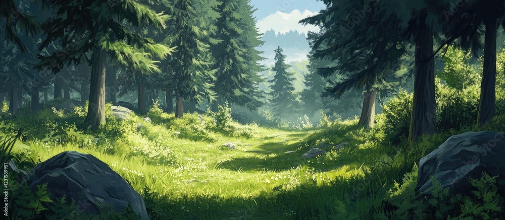 Aufkleber Lush verdant landscape with dense spruce trees framed by vibrant green grass and soft sunlight filtering through, creating a tranquil natural scene