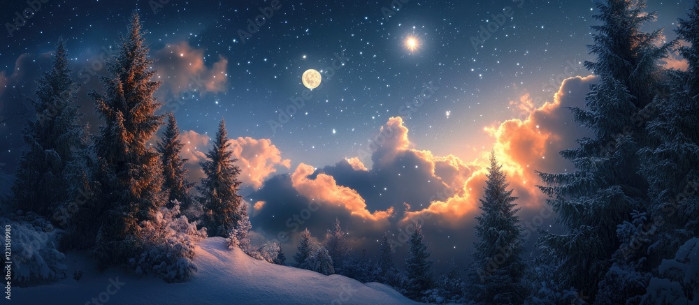 Aufkleber enchanting winter night sky with glowing fir trees soft clouds illuminated by starlight and moonligh