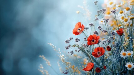 Vibrant wildflowers with red, white blossoms in sunlight