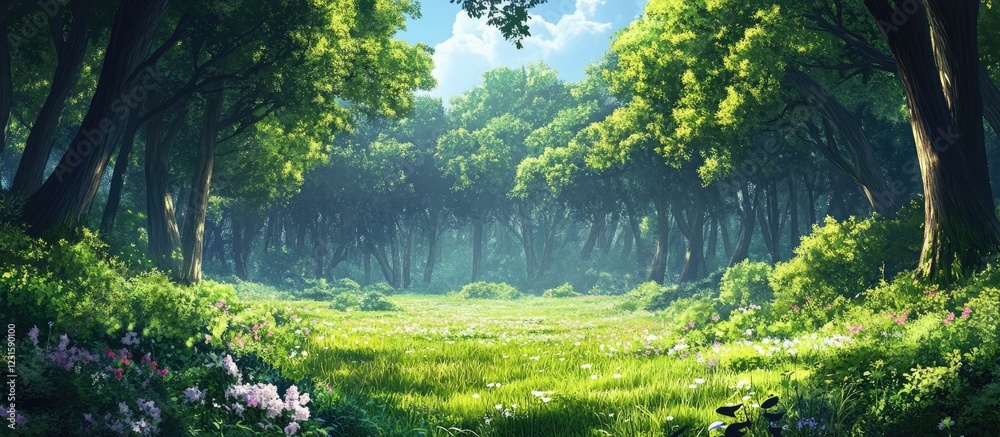 Poster lush green forest with tall trees and a vibrant undergrowth creating a serene and tranquil atmospher