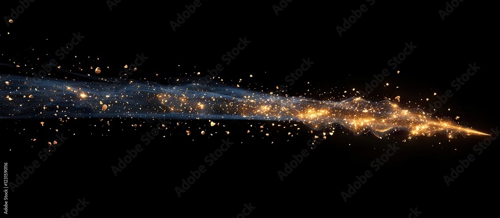 Poster glowing magic particles in golden and blue hues create an enchanting light trail against a black bac