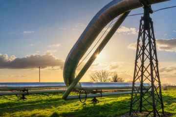 Geothermal energy. Pipelines of a plant at sunset in Larderello, Tuscany region, Italy