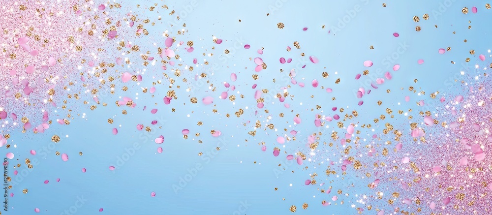 Aufkleber colorful blue background with scattered pink and gold glitter particles on the left side creating a 