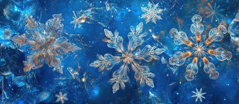 Aufkleber Intricate snowflakes in varying sizes float on a deep blue background, showcasing shimmering details and artistic digital texture.