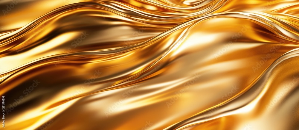 Poster Elegant flowing gold texture with soft waves creating a luxurious backdrop ideal for design projects. Rich golden hues dominate the image.