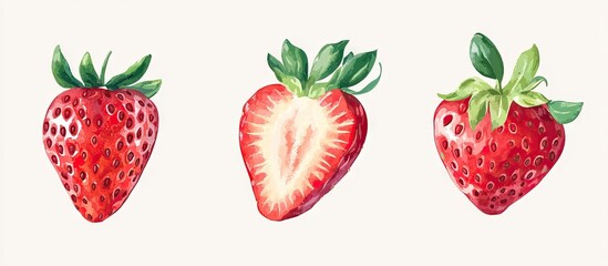 Fresh ripe strawberries illustration on a light beige background featuring whole and sliced strawberries showcasing vibrant red and green colors.