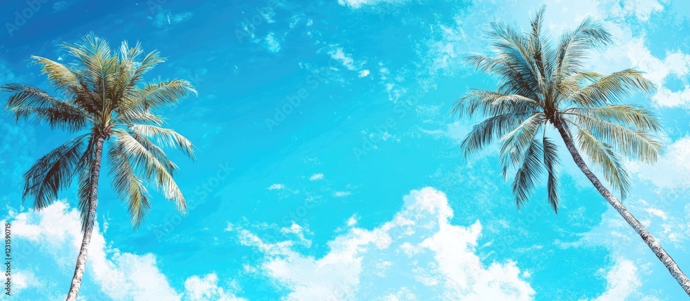 Poster tropical scene with two tall palm trees positioned on the left and right against a vibrant blue sky 