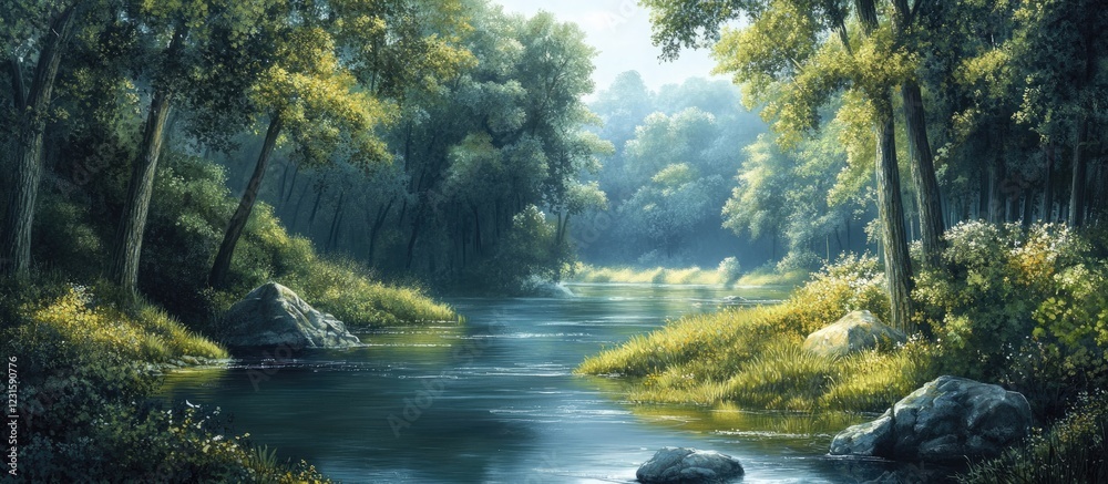 Poster tranquil river flowing through lush green forest with soft sunlight filtering through leaves creatin