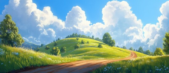 Obraz premium Scenic view of a dirt road winding through lush green hills under bright sunlit clouds and a clear blue sky with vibrant colors and natural beauty