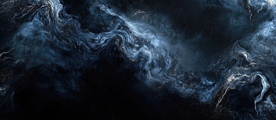 Abstract cosmic swirl in shades of deep blue and black, featuring dynamic wisps of lighter blue, creating a mysterious and ethereal backdrop.