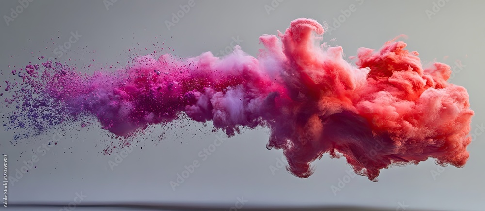 Poster color powder explosion in shades of pink and red against a soft grey background showcasing vibrant m