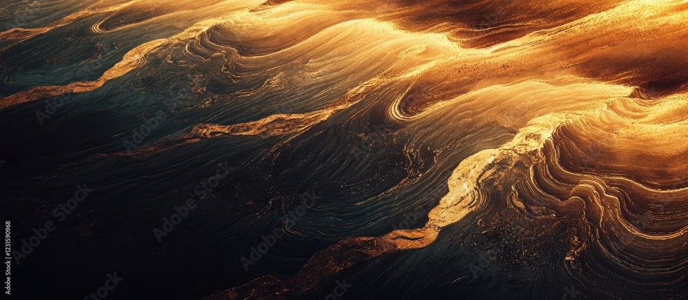 Poster golden and dark flowing waves and curves in 3d rendering, creating an abstract artistic backdrop ide