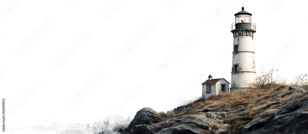 Poster coastal lighthouse standing on rocky terrain with a white background and golden grasses highlighting