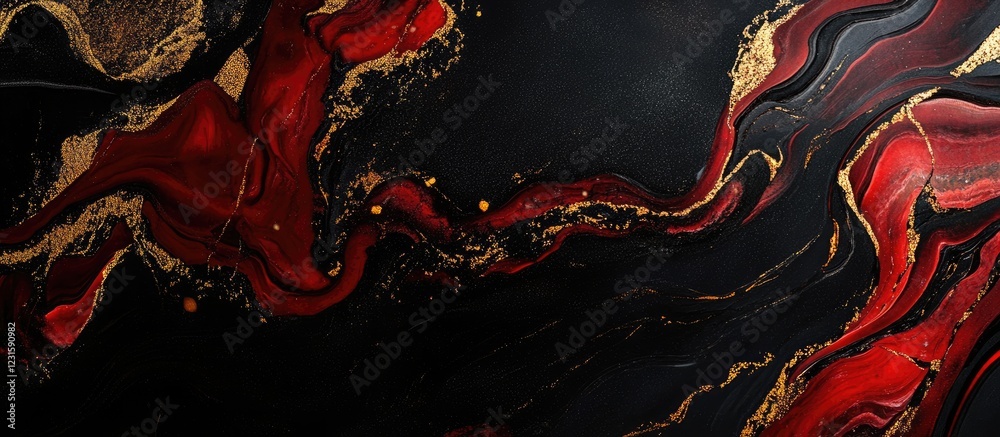 Aufkleber Elegant dark red and black marble texture with striking golden veins, creating a luxurious atmosphere, featuring smooth flowing patterns.
