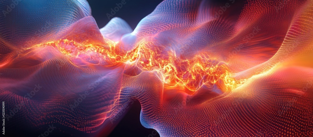 Poster Dynamic waves of glowing orange and blue light intersect in a vibrant digital spectrum, creating a captivating flow of energy and motion.