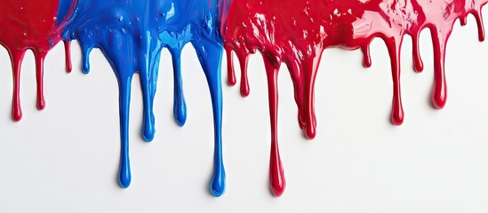 3D vibrant red and blue paint drips flowing elegantly down a clean white background showcasing artistic expression and dynamic color contrast