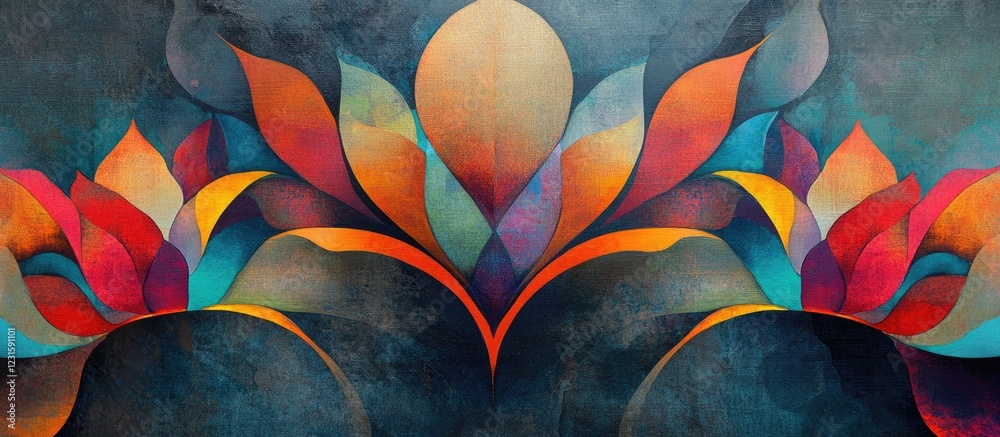 Aufkleber vibrant abstract floral pattern with layered petals in orange, turquoise, and violet on a textured t