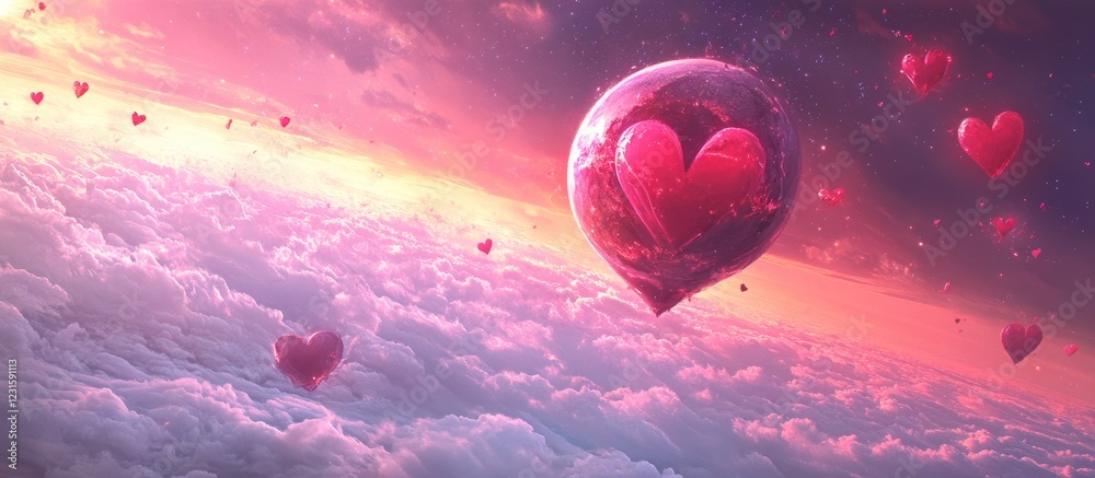 Poster romantic scene with floating hearts in a pink and purple sky above soft clouds capturing a dreamy at