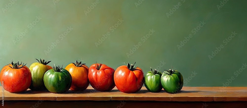 Poster colorful tomatoes in varying shades of red and green neatly arranged on a wooden table against a sof