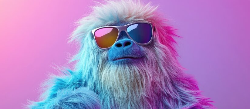 Colorful Yeti character with blue and pink fur wearing reflective sunglasses against a vibrant purple background creating a festive party atmosphere