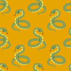 Seamless pattern with snakes in doodle style on an orange background. Vector illustration. Design for textile, wrapping paper, background
