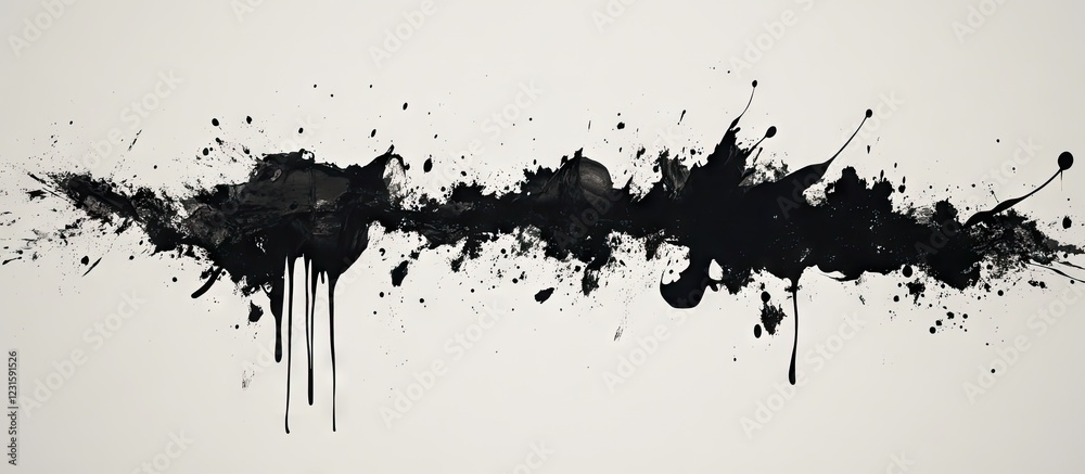 Poster Black ink splatters spread dynamically on a creamy white background, illustrating artistic potential for creative projects and design applications.
