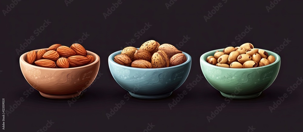 Poster assorted nuts in three bowls on a dark background featuring warm browns and cool greens highlighting