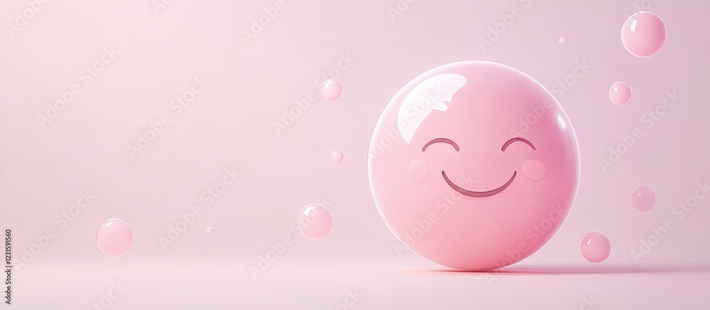Leinwandbilder Smiling pink sphere on a soft pink background with floating bubbles creating a cheerful atmosphere and sense of joy in the scene