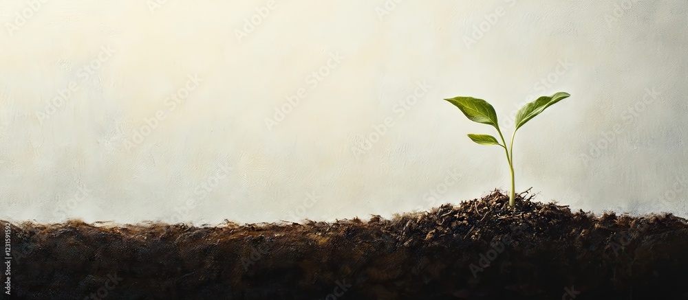 Poster fresh green seedling emerging from rich brown soil against a soft light background symbolizing renew