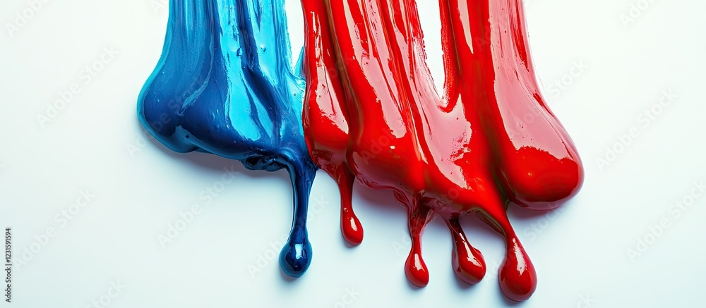 Fototapete 3D vibrant red and blue paint drips on white background with flowing textures highlighting dynamic color interaction and artistic expression