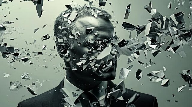 Abstract monochrome image depicts a man's head shattering into fragments against a muted green background.  The effect is dramatic and unsettling