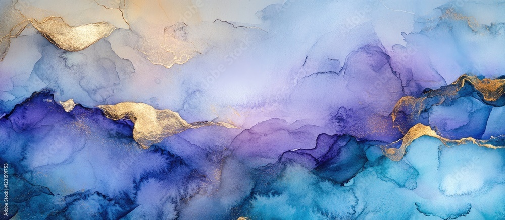 Leinwandbilder Abstract watercolor background showcasing a gradient of soft blue and purple hues with intricate detailing and gold accents creating an inviting atmosphere.