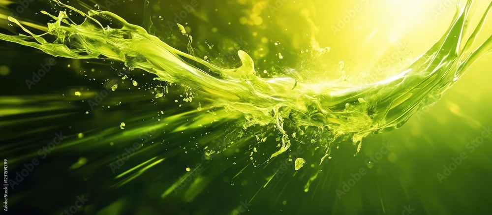 Aufkleber Dynamic green fluid splash with vibrant yellow highlights creating an energetic composition against a soft gradient background, evoking freshness and motion.