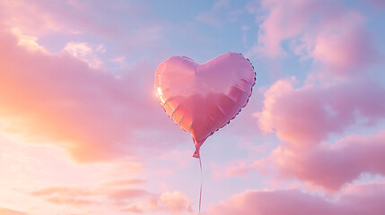 Fototapeta premium A pink heart-shaped balloon floating against a colorful sunset sky.