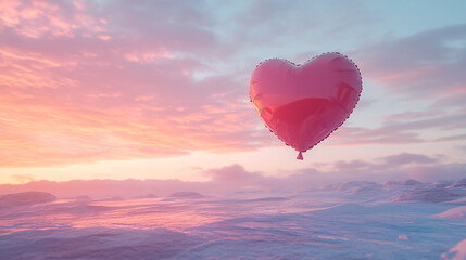 Fototapeta premium A heart-shaped balloon floating in a vibrant sunset sky over tranquil waters.