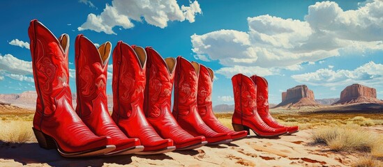 Vibrant red cowgirl boots arranged in a row on sandy desert ground with blue sky and clouds highlighting their unique style and flair