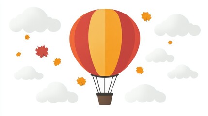 Obraz premium A vibrant red and orange hot air balloon floats amidst fluffy clouds and autumn leaves